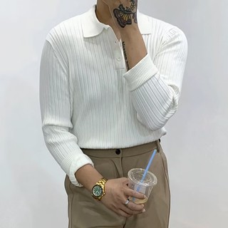 Phiên Bản Hàn Quốc Thu Đông Co Giãn Ấm Áp Dệt Kim Nam Nhẹ Phong Cách Trưởng Thành Thân Thiện Với Da Đơn Giản Áo Sơ Mi polo Dài Tay Ve Áo Len