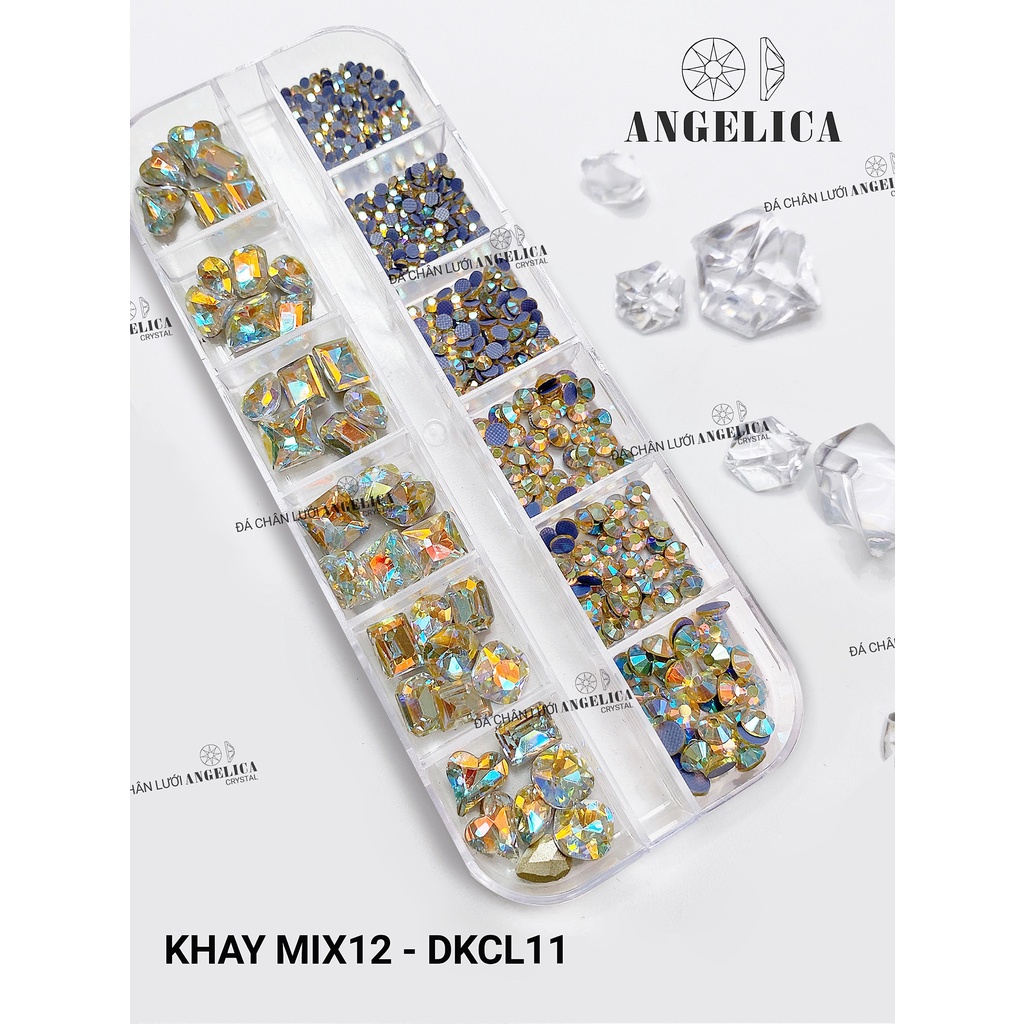 Khay 480v Đá Chân Lưới Mix Đá Khối Đính Nail Trắng AB Trang Trí Móng ANGELICA DKCL