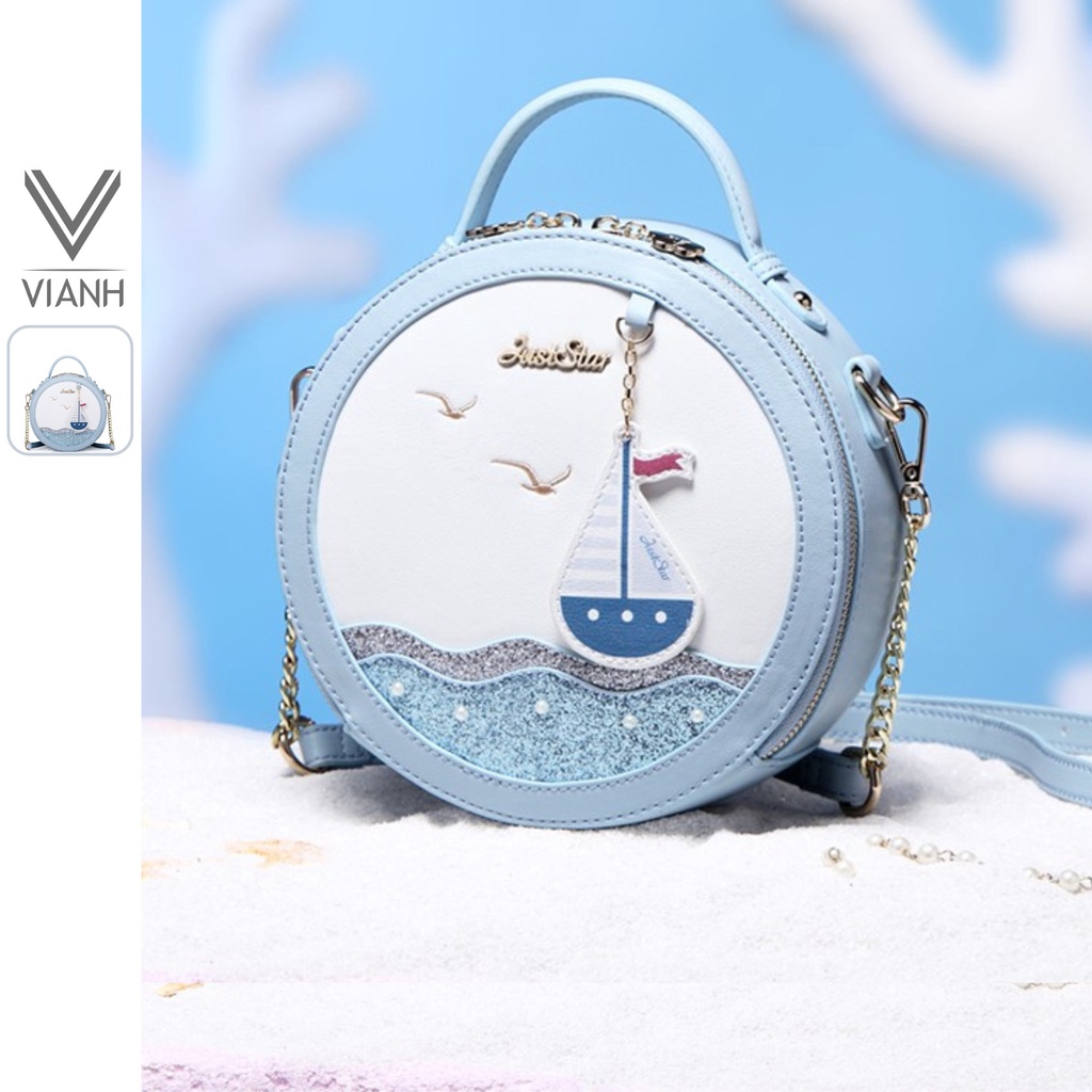 Túi đeo chéo nữ Just Star dễ thương đẹp cute phom tròn thuyền và biển màu xanh hàng hiệu ViAnh Store 171277