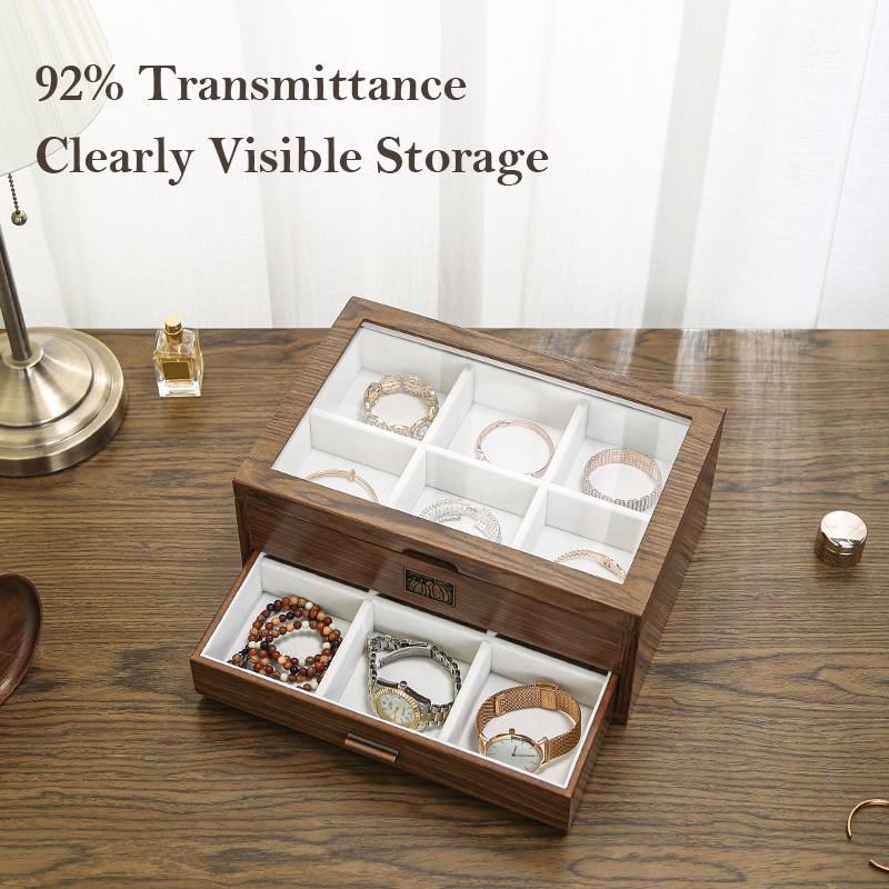 Casegrace Hộp đựng đồ trang sức bằng gỗ lớn có nắp trong suốt Vòng đeo tay ngăn kéo hai lớp Đồng hồ sắp xếp lưu trữ Hộp trang sức bằng gỗ