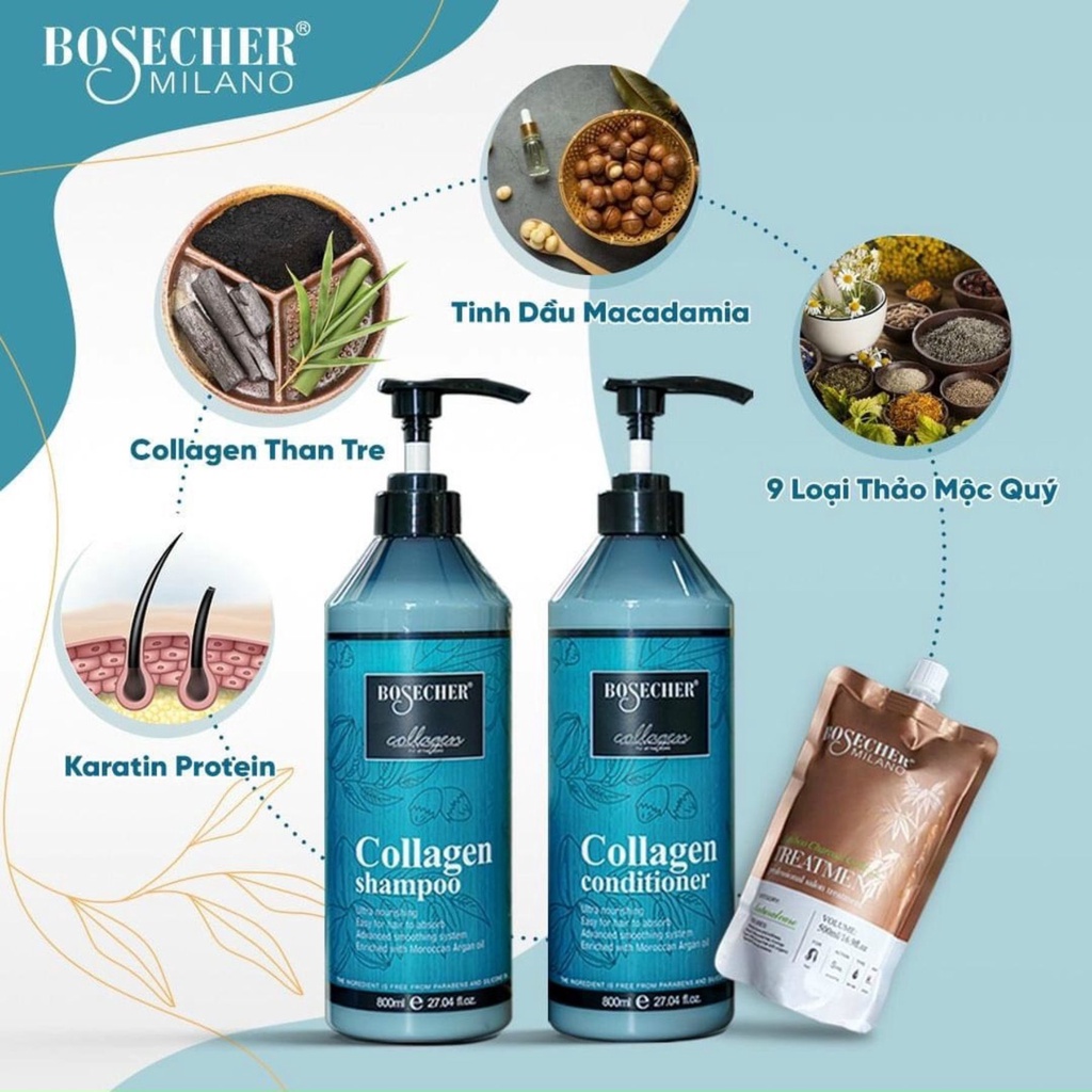 Lẻ dầu gội lẻ xả Collagen Bosecher 800ml giúp hỗ trợ tóc mềm mại giảm rụng tóc, giảm gàu, giảm dầu