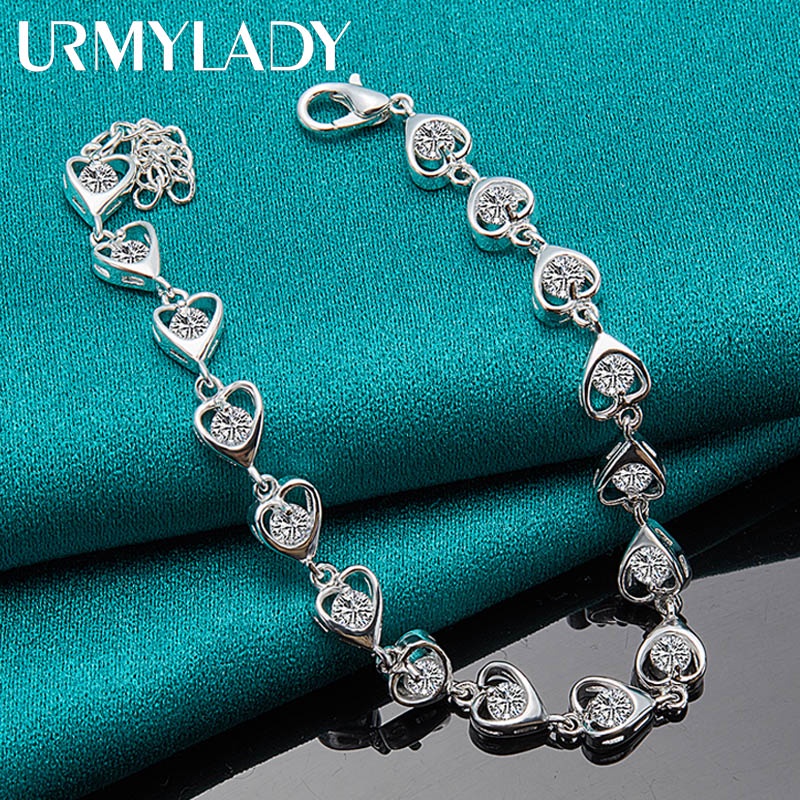 Vòng Tay Mạ Bạc 925 Đính Đá Zircon Hình Trái Tim 20CM Thời Trang Cho Nữ