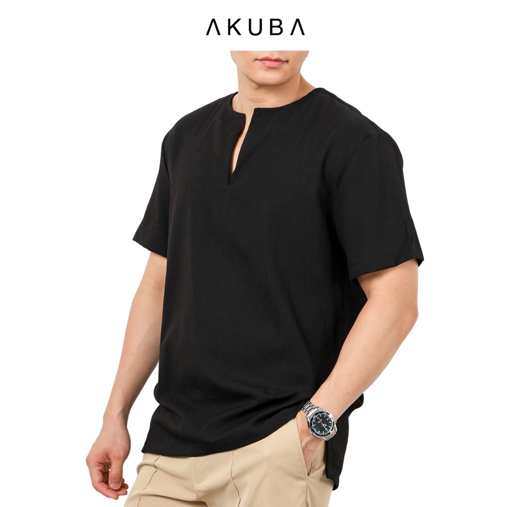 Áo linen nam tay ngắn trơn AKUBA form regular, vải linen nhẹ, thấm hút cực tốt, co giãn tốt thoáng mát 02B0288