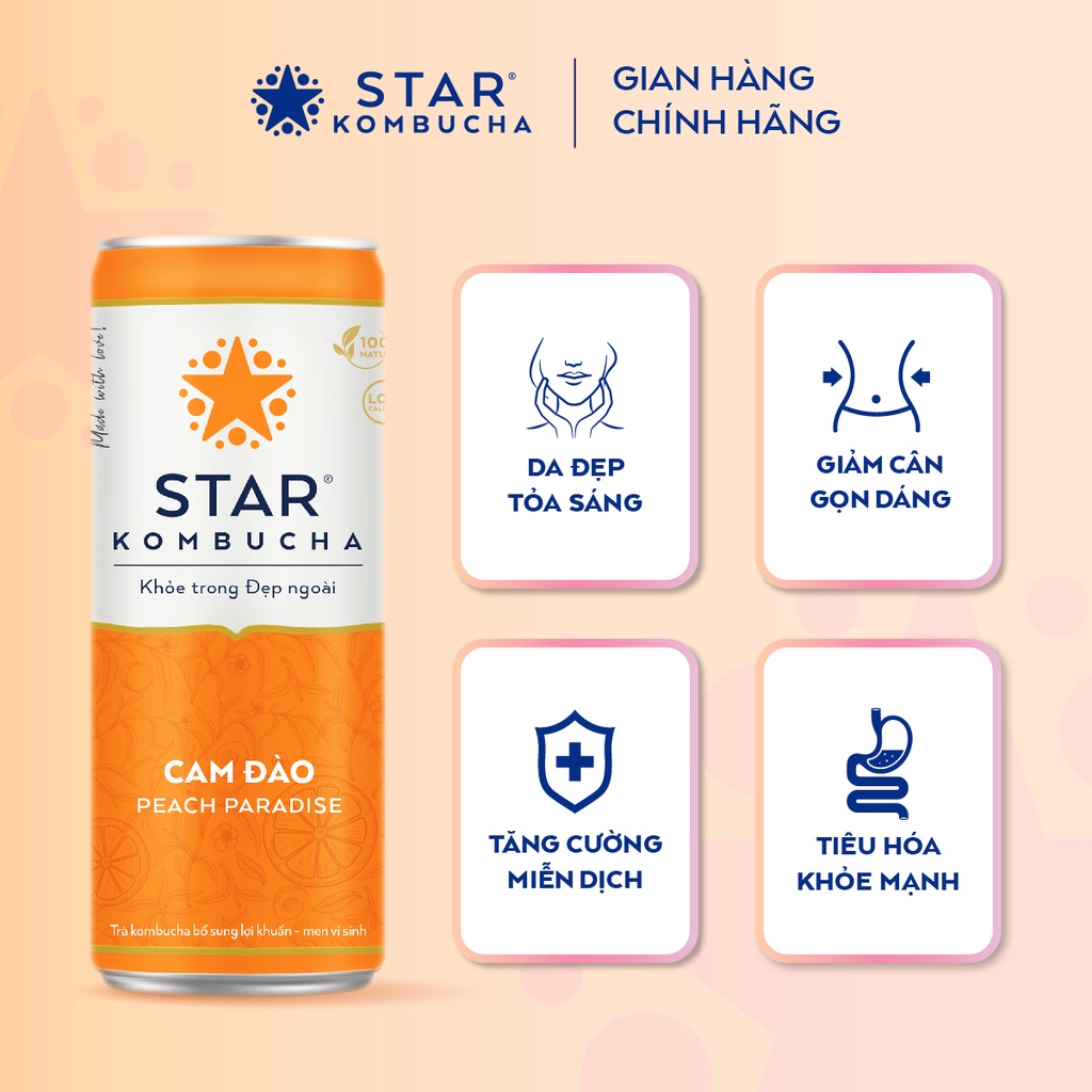 Ảnh Thùng 12 lon STAR KOMBUCHA Cam Đào / Peach (250ml/lon)- Trà lên men vi sinh hỗ trợ tiêu hóa 1