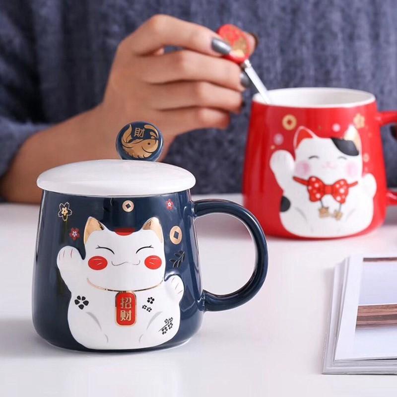 Cốc Sứ Uống Nước Mèo Thần Tài Chiêu May Mắn - Ly Uống Cafe Có Nắp , Văn Phòng, Quà Tặng Tân Gia