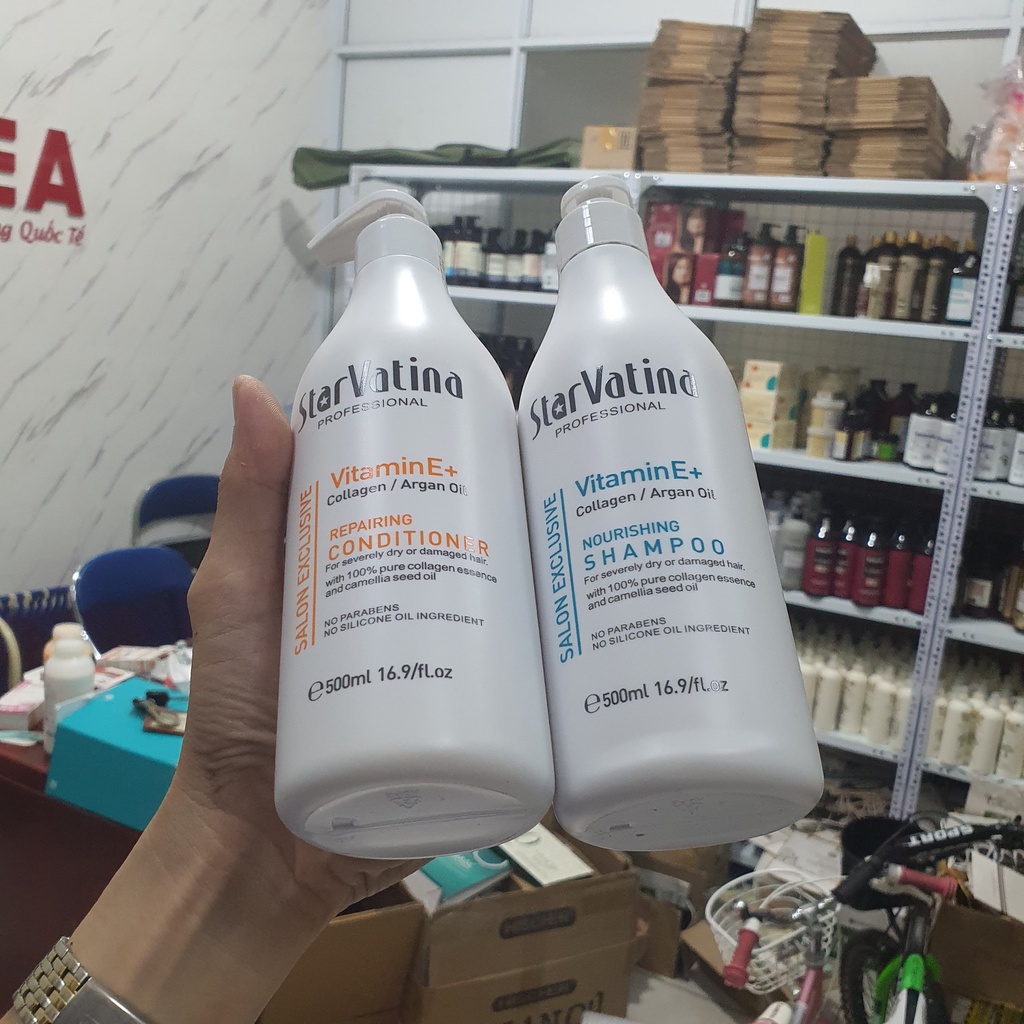 Cặp dầu gội xả Star Vatina Vitamin E 500ml - 800ml giúp dưỡng ẩm làm mềm mượt tóc, giảm rụng tóc