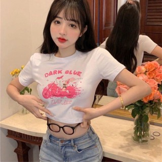 Áo croptop tay ngắn - áo thun cổ tròn in hình màu hồng cute dễ thương L66 [A029]