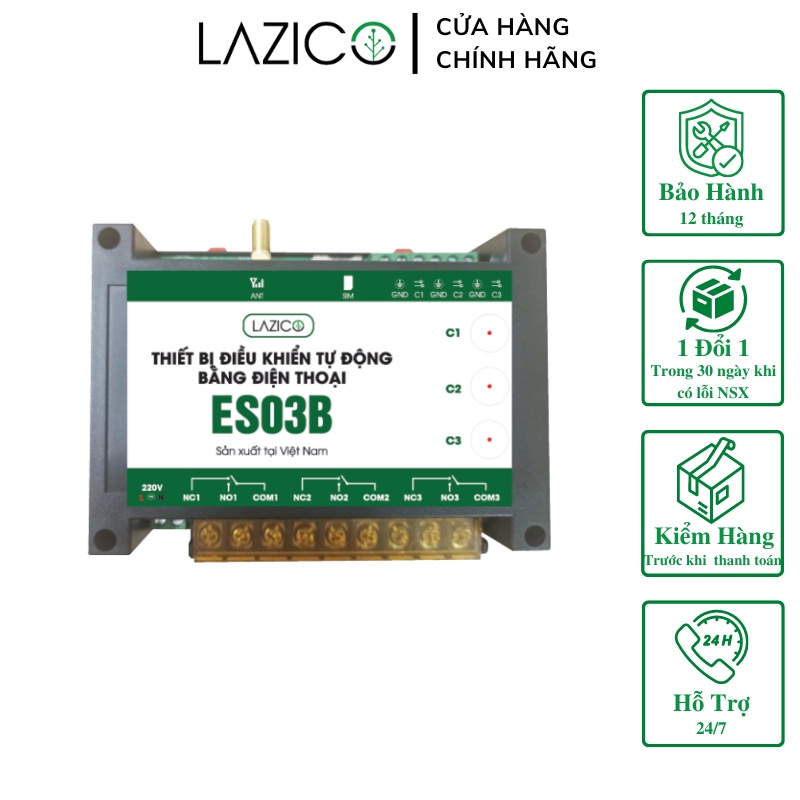 Bộ điều khiển từ xa cho máy bơm motor quạt 220V bằng điện thoại 3 kênh độc lập LAZICO ES03B