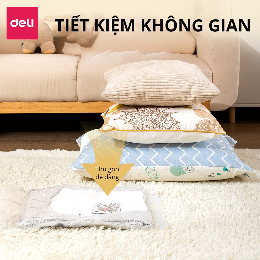 Túi hút chân không quần áo KHÔNG CẦN DÙNG BƠM Deli loại dày 2 lớp cao cấp bọc để chăn màn khóa zip chống rò rỉ hơi