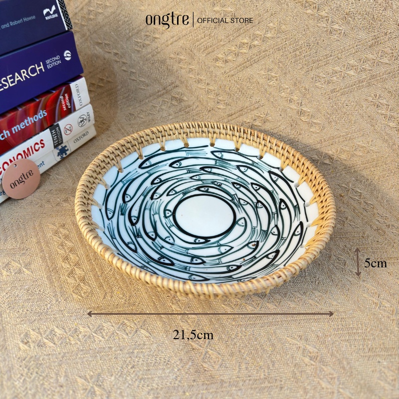 Đĩa sứ viền mây tre đan tay ONGTRE trang trí tiệc, decor, đựng đồ, mẫu độc đáo - Mẫu hoa ngẫu nhiên