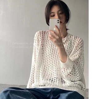 Áo Dệt Kim Nữ Tay Dài Dáng Rộng Cổ Tròn Khoét Sâu Gợi Cảm