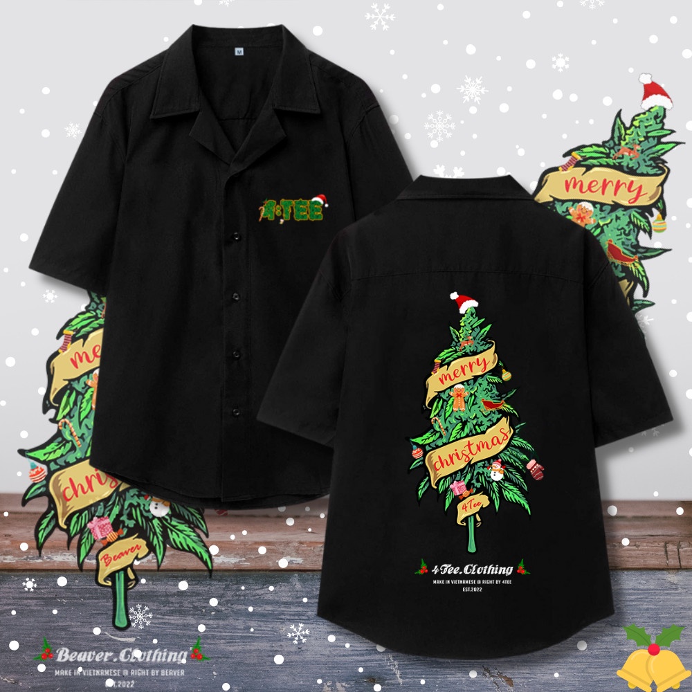 Áo Sơ Mi CÂY THÔNG Hoạ Tiết BEAVER Tay Ngắn Cổ Vest Thời Trang Unisex Vải Lụa Chéo