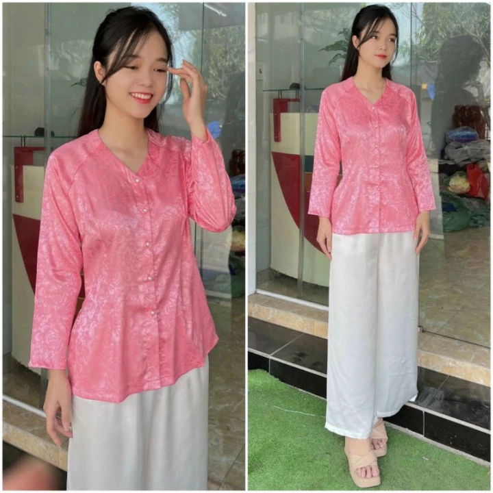 ÁO BÀ BA TIM GẤM Đồ lam đi chùa áo bà ba gấm cổ tim đủ màu( bán áo riêng quần riêng)