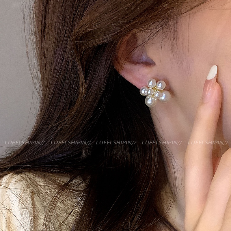 Pháp Ánh Sáng Sang Trọng Bông Tai Ngọc Trai Nữ Tính Khí Tinh Tế Niche Bông Tai Khí Quyển Retro Thời Trang Lưới Bông Tai Đỏ