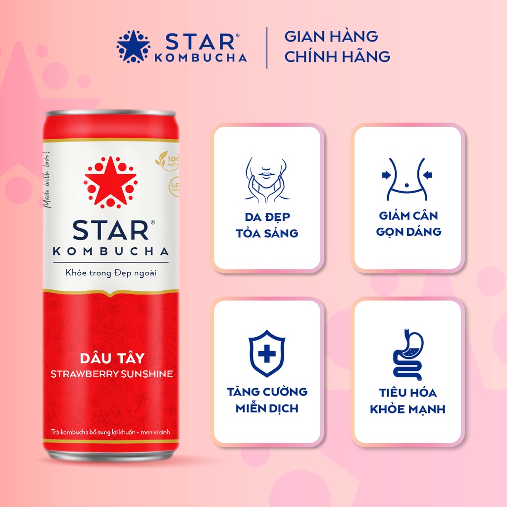 Ảnh Thùng 12 lon trà STAR KOMBUCHA Dâu Tây /Strawberry (250ml/lon)- Trà lên men vi sinh bảo vệ sức khỏe 1