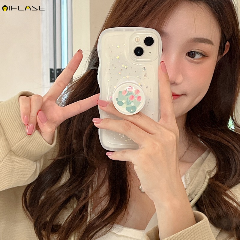 Ốp Điện Thoại Mềm Có Giá Đỡ Hình Hoa Tulip Cho iPhone 14 Plus 13 12 Mini 11 Pro XS Max XR X 7 8 6 6s Plus