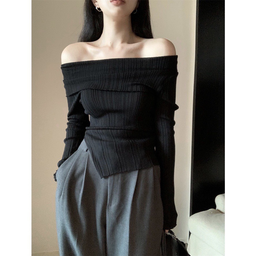[CÓ SIZE] Áo Kiểu Trễ Vai Dài Tay RANSHI HÀNG LOẠI 1 Áo Thun Xẻ Tà Vải Gân Hở Vai Siêu Quyến Rũ Nữ Tính