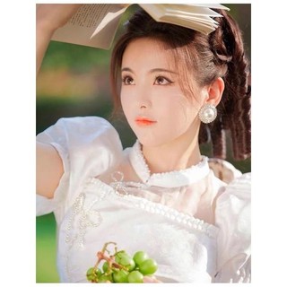 Tóc giả búi kèm nơ xoăn lọn dạng cài, retro cổ điển dành cho trung niên HaminStore