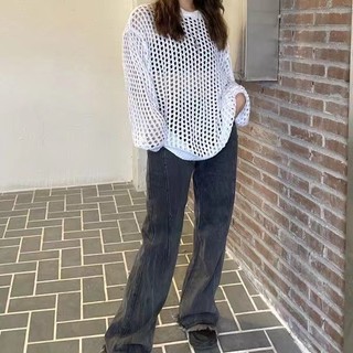 Áo Dệt Kim Nữ Tay Dài Dáng Rộng Cổ Tròn Khoét Sâu Gợi Cảm