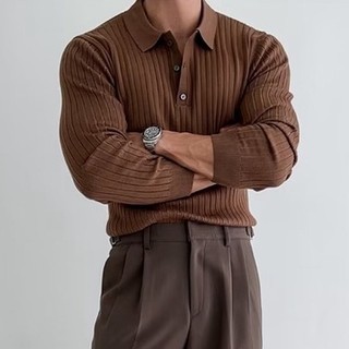 Phiên Bản Hàn Quốc Thu Đông Co Giãn Ấm Áp Dệt Kim Nam Nhẹ Phong Cách Trưởng Thành Thân Thiện Với Da Đơn Giản Áo Sơ Mi polo Dài Tay Ve Áo Len