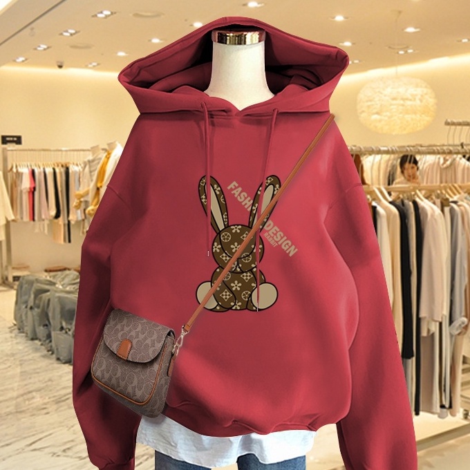 Áo Hoodie Nữ HappyFamily Màu Xanh Rêu Xu Hướng Giới Trẻ Fashion Design Rabbit Chất Nỉ Da Cá 100 Cao Cấp