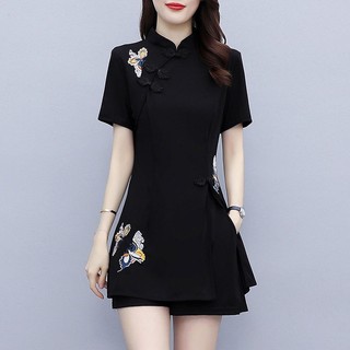 Size Lớn Sườn Xám Phù Hợp Với Nữ Mùa Hè Phong Cách Trung Hoa Phiên Bản Cải Tiến Retro Thêu Top Tính Khí Quần Short Bộ Đồ Hai Mảnh
