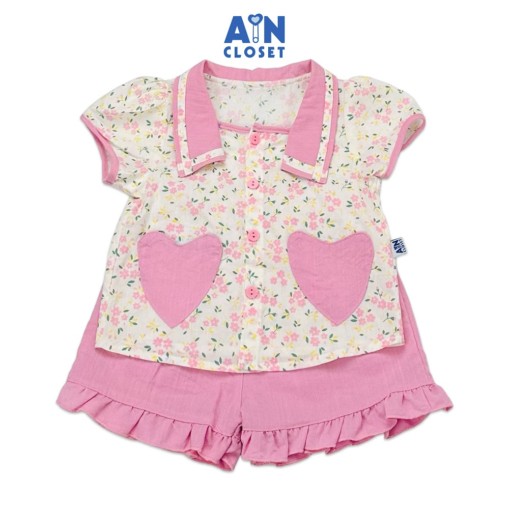 Bộ quần áo ngắn bé gái họa tiết hoa Lưu Ly nhí hồng cotton - AICDBGMUMN3K - AIN Closet