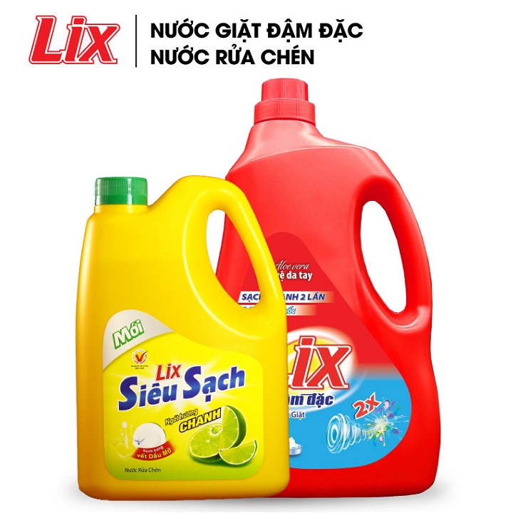 COMBO 5 gồm Nước giặt LIX đậm đặc hương hoa 2kg NG201 + Nước rửa chén LIX siêu sạch hương chanh 1.4kg NS140