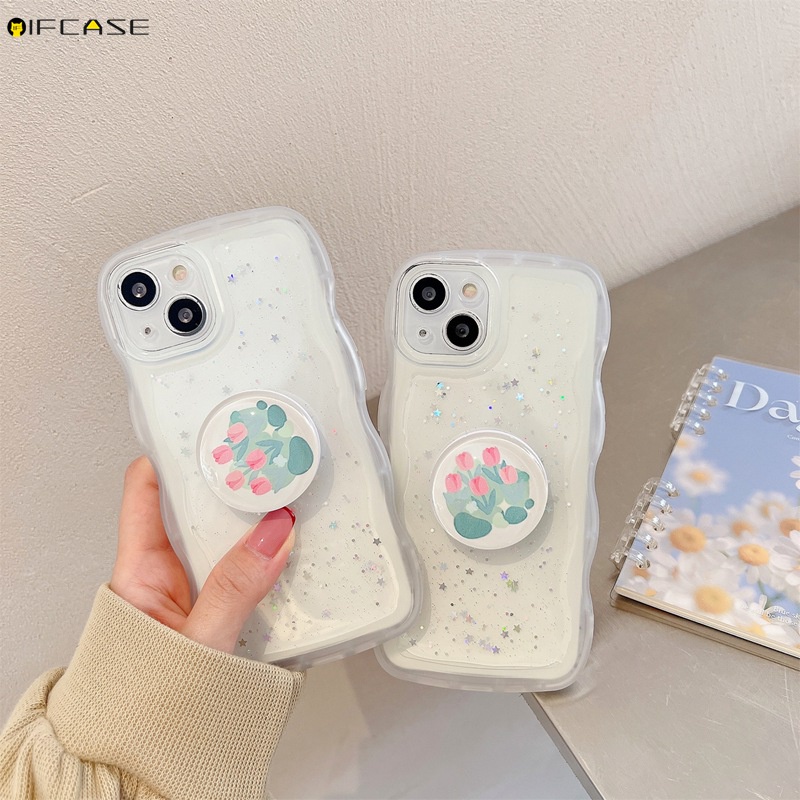 Ốp Điện Thoại Mềm Có Giá Đỡ Hình Hoa Tulip Cho iPhone 14 Plus 13 12 Mini 11 Pro XS Max XR X 7 8 6 6s Plus