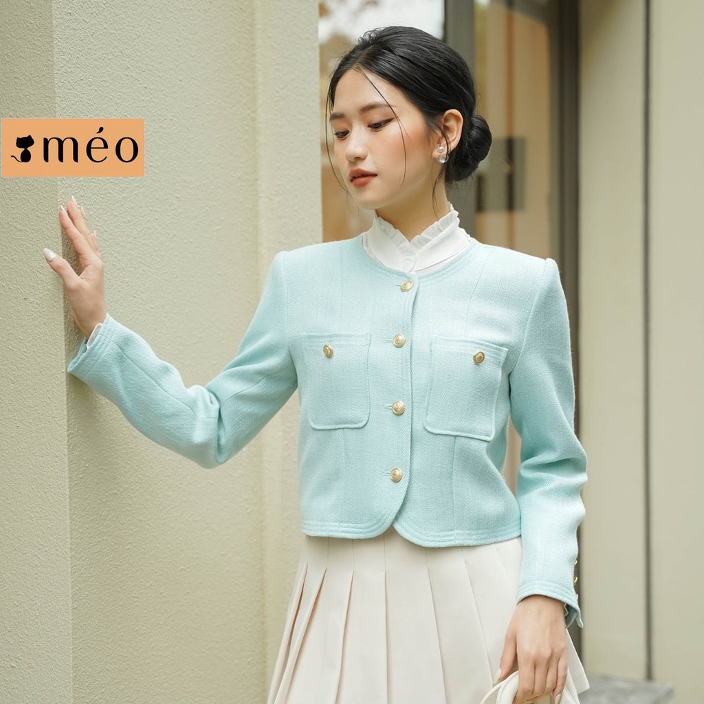 Áo khoác nữ Méo shop vải tweed dáng croptop dài tay cổ tròn phối túi Engela