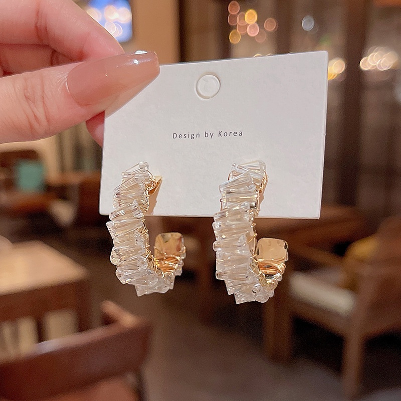 Bông Tai Mạ Bạc 925 Hình Chữ C Đính Pha Lê Sang Trọng Dành Cho Nữ