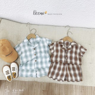 Bộ sơ mi cộc tay kẻ caro cho bé trai, set bộ thô mềm cá tính cho bé trai