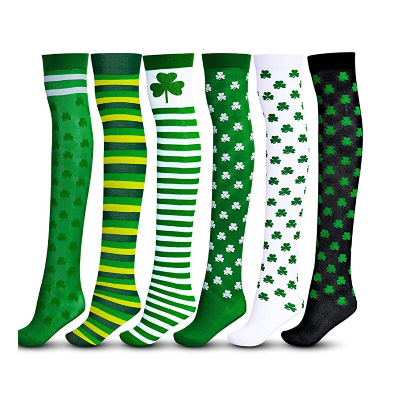 DASBSUG Ngày Thánh Patrick Đùi Tất Quần Tay Ấm Găng Tay Trắng Xanh Sọc Shamrock Clover In Phần Ireland