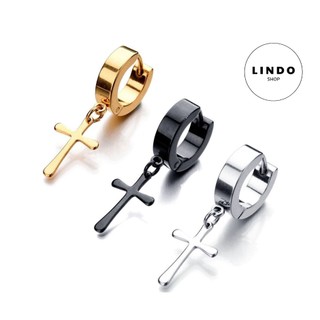 Khuyên tai nam nữ inox chữ thập phong cách Hàn Quốc LINDO Titan không đen, không gỉ (1 Chiếc)