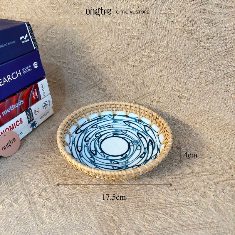 Đĩa sứ viền mây tre đan tay ONGTRE trang trí tiệc, decor, đựng đồ, mẫu độc đáo - Mẫu hoa ngẫu nhiên