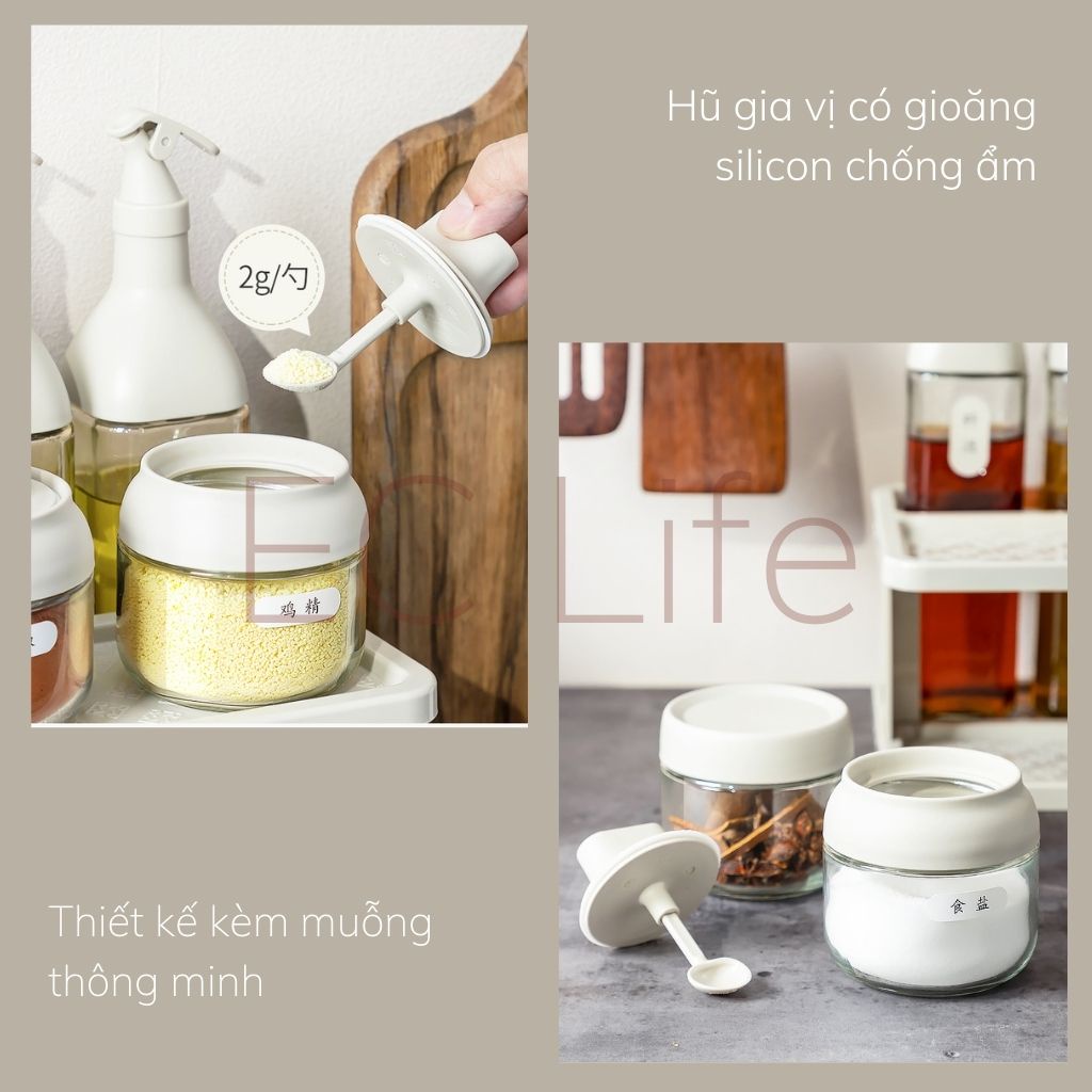 Bộ hũ đựng gia vị chai đựng dầu ăn kệ đựng gia vị bộ 11 món bằng thủy tinh kín hơi chắc chắn 0108