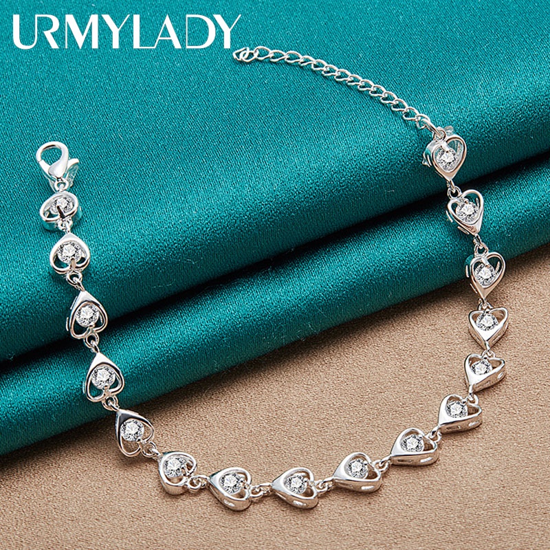Vòng Tay Mạ Bạc 925 Đính Đá Zircon Hình Trái Tim 20CM Thời Trang Cho Nữ