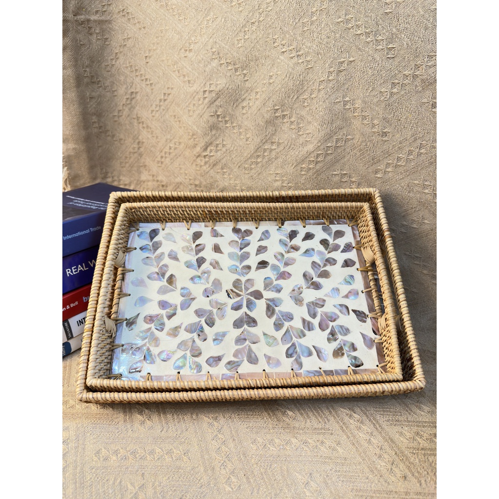 Khay Mây Chữ Nhật ONGTRE Có Tay Cầm - Khay Mây Khảm Trai Cao Cấp, Đựng Hoa Quả, Bánh, Decor Bàn Ăn, Phòng Khách