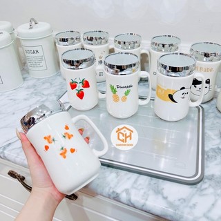 Cốc Nắp Sứ Nắp Có Gương Soi Nhiều Hoạ Tiết Cam Homeware