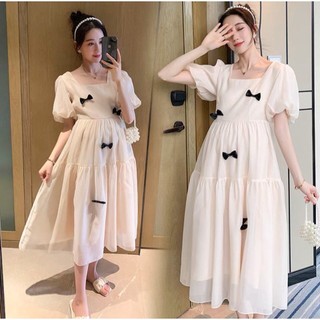 Váy bầu dự tiệc dáng babydoll Viba  [VB79] thiết kế cổ vuông tay bồng 2 kiểu dài tay ngắn tay màu kem