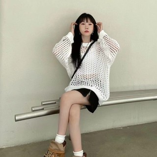 Áo Dệt Kim Nữ Tay Dài Dáng Rộng Cổ Tròn Khoét Sâu Gợi Cảm