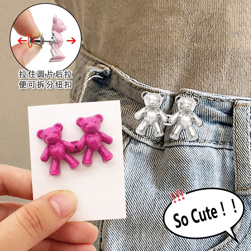 Bộ 2 Nút Kim Loại Hình Gấu Dễ Thương Gắn Quần Jean / Cài Nút Có Thể Tháo Rời