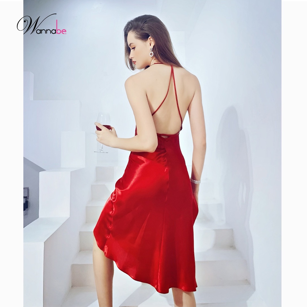 Đầm ngủ phi lụa cao cấp WANNABE DNS66 váy ngủ dáng dài, cổ đổ, xẻ hông cut-out lưng phối dây chữ V sang trong quý phái