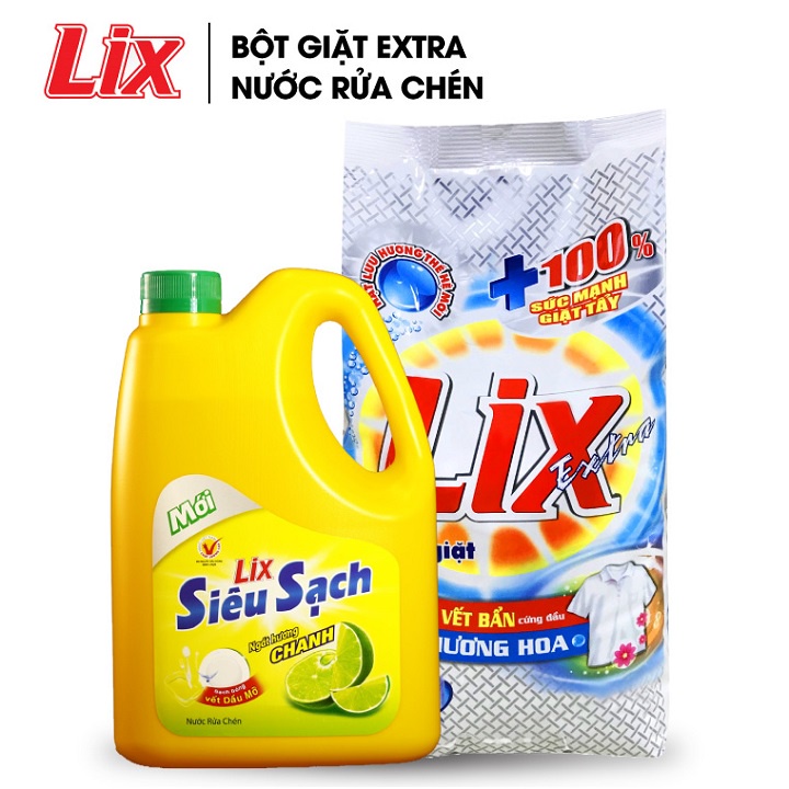 COMBO 8 gồm Bột giặt LIX extra hương hoa 2.4kg EB247 + Nước rửa chén LIX siêu sạch hương chanh 1.4kg NS140