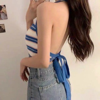 Áo len yếm kẻ sọc ngang, len montoghi croptop 374