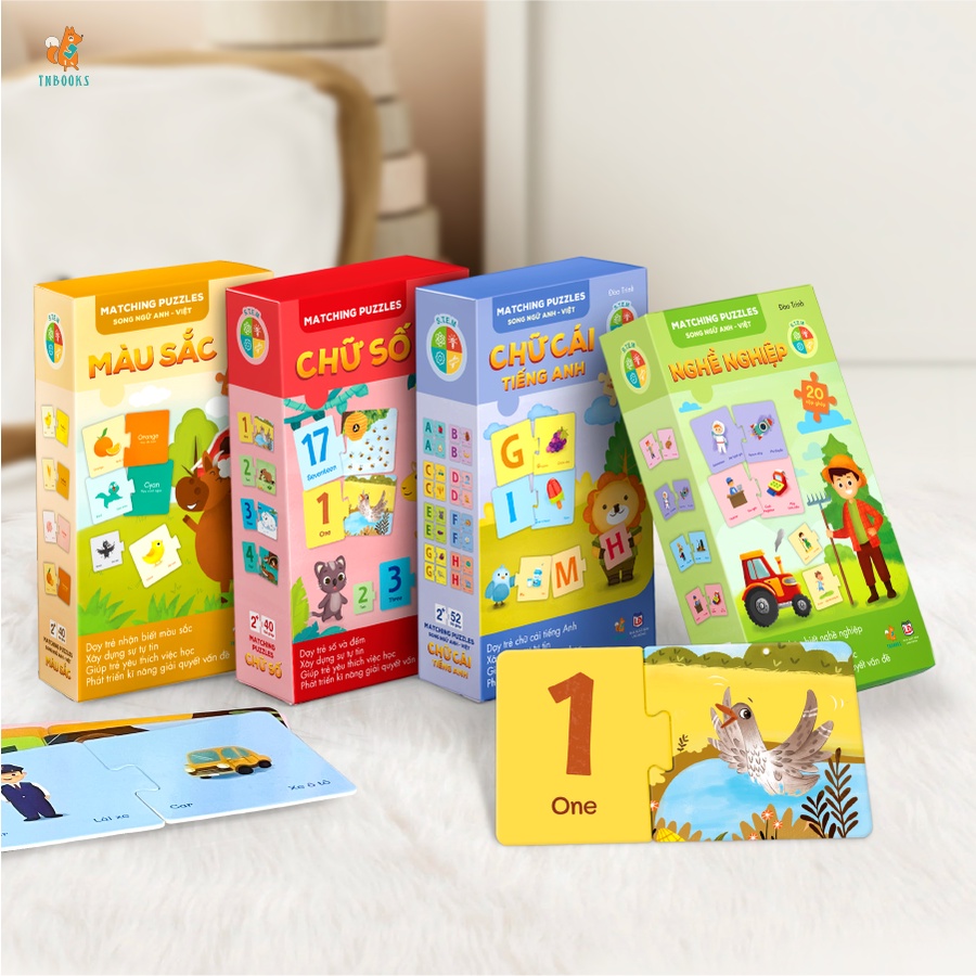 4 Bộ đồ chơi xếp hình ghép nối TNBOOKS giúp bé phát triển tư duy - thẻ học thông minh ghép số - Song ngữ Việt Anh