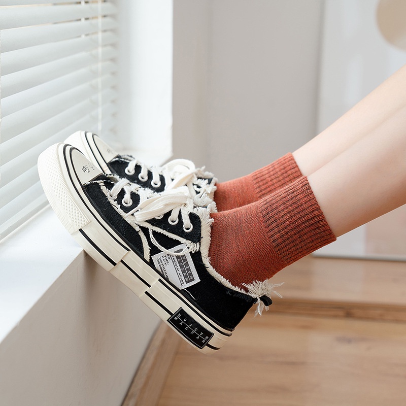 Tất trắng trơn cổ cao nữ nam phong cách Vintage Hàn Quốc vớ nhún gân tăm chất cotton mềm thời trang thu hè HANASO TD030