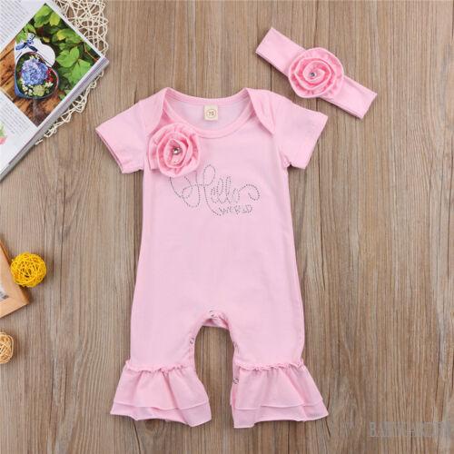 Bộ Áo Liền Quần Tay Ngắn In Hoa 3D & Băng Đô Quấn Đầu Cho Bé Gái 0-18 Tháng Tuổi