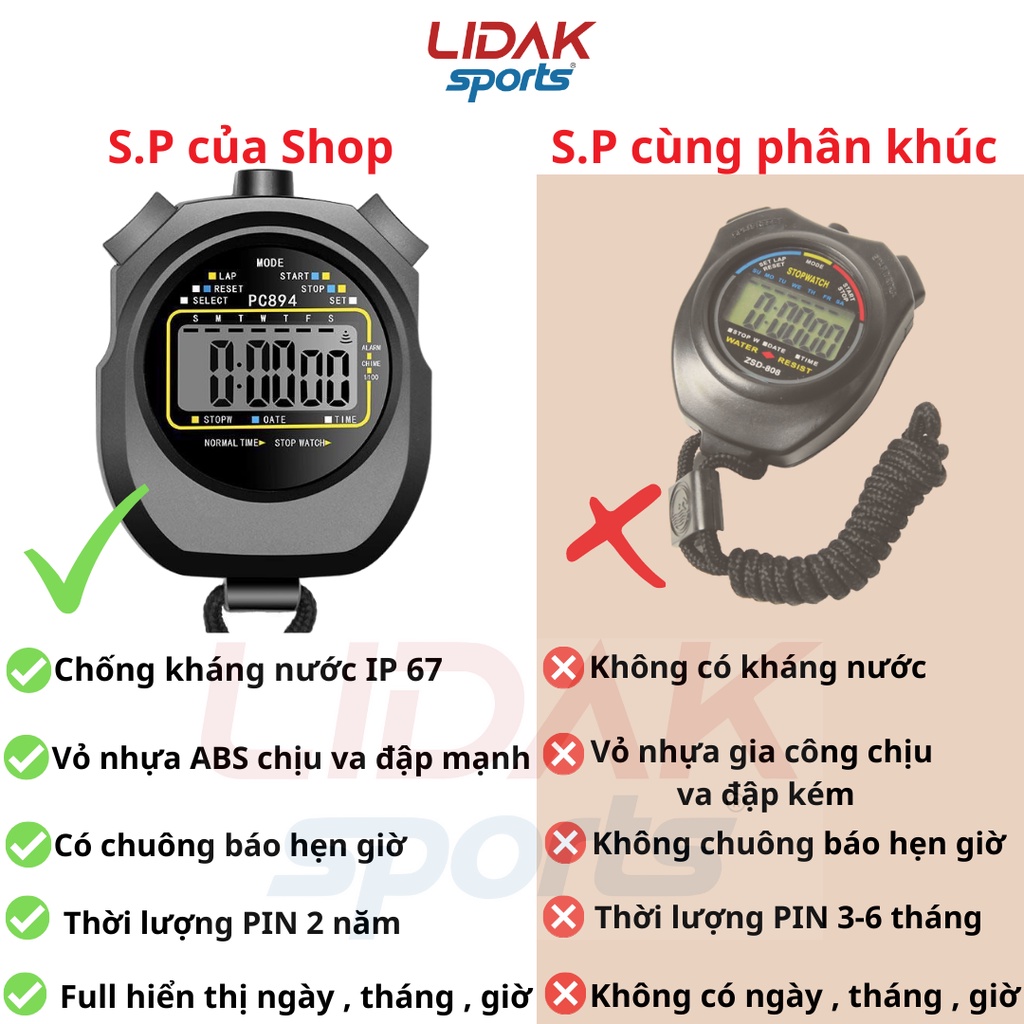 Ảnh Đồng hồ bấm giây, đo thời gian chính hãng PC894. Bấm giờ thể thao nhớ 1LAP LIDAK SPORT 4