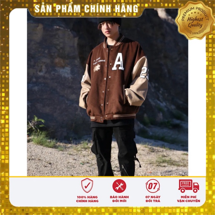 Áo khoác Bomber Varsity jacket giới tính phối Nâu tay da Boin shop thêu Lucky 2 lớp, chất nỉ bông siêu đẹp _ hình thVars